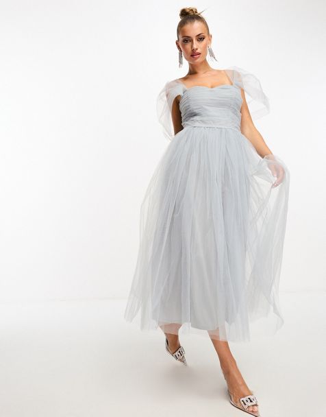 Lace & Beads Bridesmaid sheer one shoulder tulle midi dress in