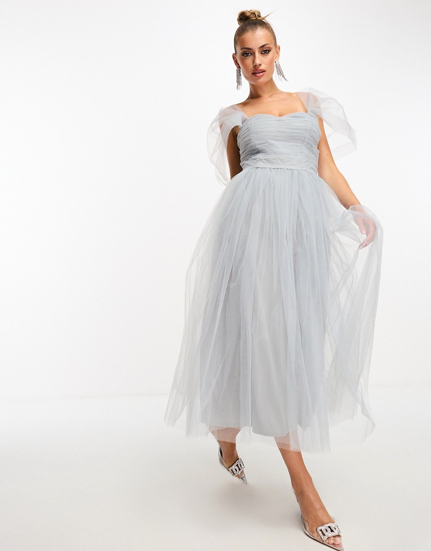 puff sleeve tulle midaxi dress in dusty blue