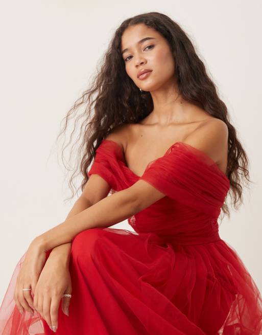 Lace & Beads - Rød maxikjole med offshoulder-snit i tyl, 2 af 4