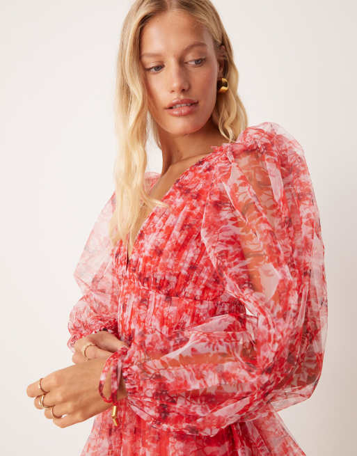 Lace & Beads - Rød minikjole med ballonærmer og blomstermønster i organza, 4 af 4