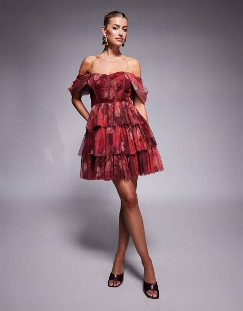 Lace & Beads - Rød minikjole med korset- og offshoulder-snit og roseprint i tyl - view 1