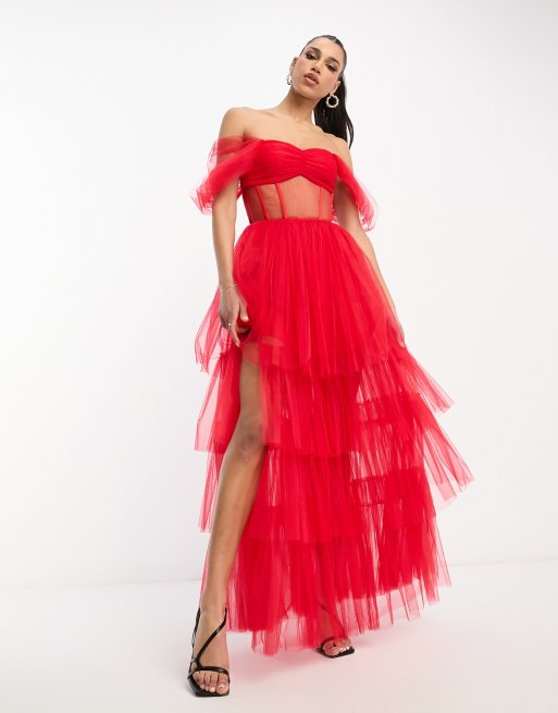 Lace & Beads - Rød offshoulder-maxikjole med korset-design i tyl