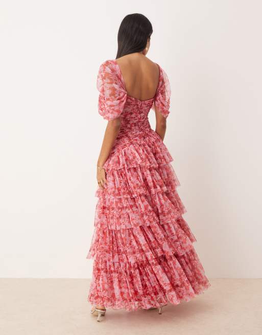 Lace & Beads - Rød og lyserød maxikjole i tyl med offshoulder og asymmetrisk sømkant samt blomstermønster, 2 af 4