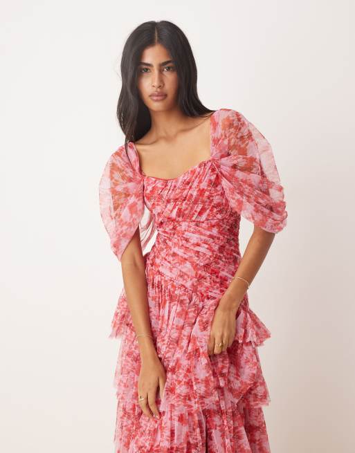 Lace & Beads - Rød og lyserød maxikjole i tyl med offshoulder og asymmetrisk sømkant samt blomstermønster, 4 af 4