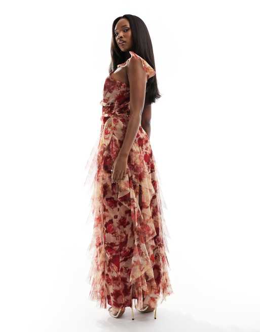 Lace & Beads - Robe à volants longueur mollet - Imprimé roses profond, 2 de 4