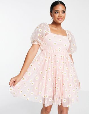 Robes de soirée Lace & Beads - Robe babydoll courte en tulle à imprimé pâquerettes - Rose