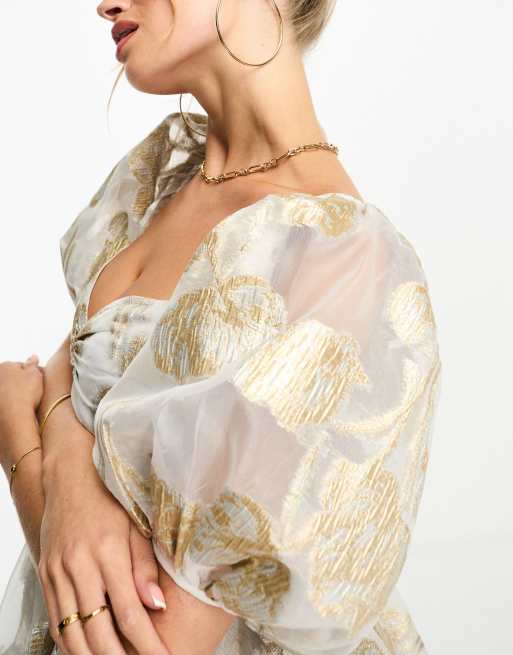 Lace & Beads - Robe babydoll courte métallisé en jacquard - Doré, 3 de 4