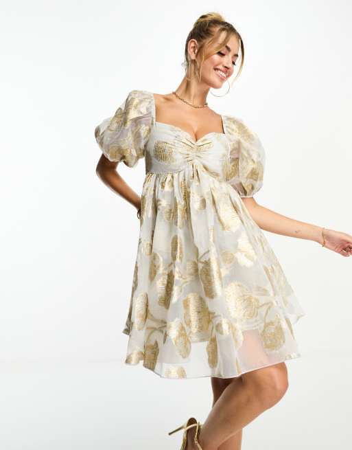 Lace & Beads - Robe babydoll courte métallisé en jacquard - Doré, 4 de 4