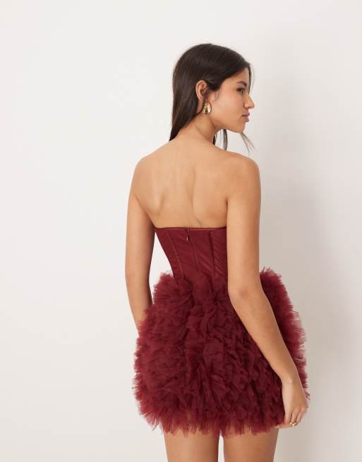 Lace & Beads - Robe bandeau courte style corset avec jupe en tulle - Bordeaux, 4 de 4