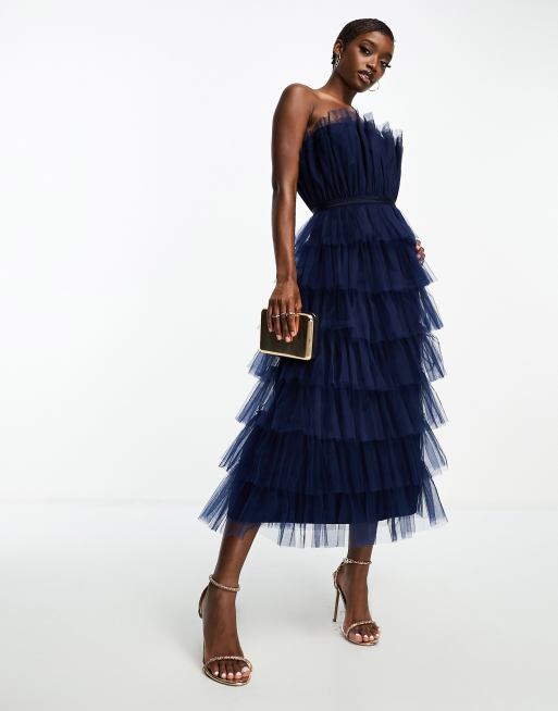 Lace Beads Robe bandeau mi longue en tulle volants tag s Bleu fonc
