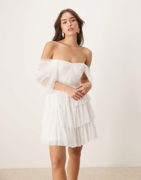 Lace & Beads - Robe corset courte en tulle avec épaules dénudées - Ivoire - view 1
