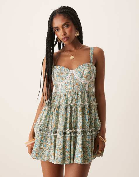 Lace & Beads - Robe corset courte et volantée à petites fleurs et bordures dentelle - view 1