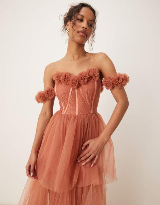 Lace & Beads - Robe corset longue à détails rosettes - Rose terracotta, 3 de 4