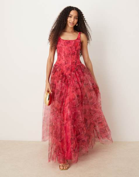 Lace & Beads - Robe corset longue à imprimé roses et taille basse - Rose/rouge - view 1