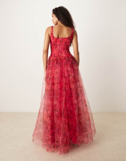 Lace & Beads - Robe corset longue à imprimé roses et taille basse - Rose/rouge, 3 de 4
