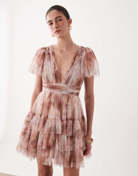 Lace & Beads - Robe courte à imprimé fleuri avec col V et jupe à volants - Marron - view 1