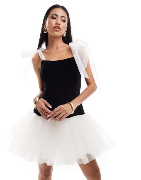 Lace & Beads - Robe courte avec bretelles nouées contrastantes - Noir - view 1