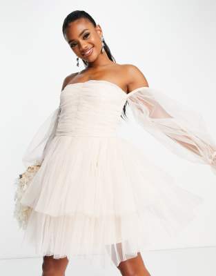 Lace & Beads - Robe courte avec manches en tulle - Beige