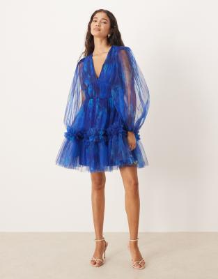 Lace & Beads - Robe courte en organza à fleurs effet flou avec manches ballon - Bleu