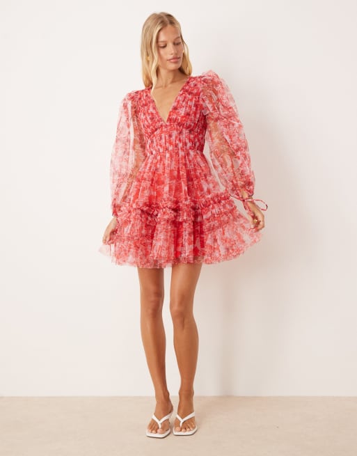 Lace & Beads - Robe courte en organza à manches ballon - Rouge fleuri, 2 de 4