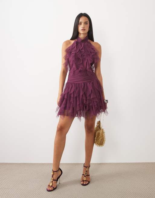 Lace & Beads robe courte en tulle à col halter, détails à volants et à étages, magenta violet, 2 de 4