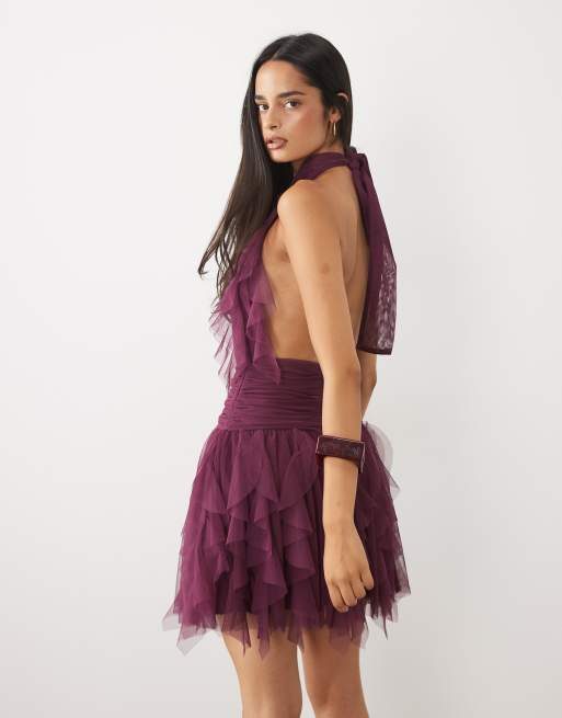 Lace & Beads robe courte en tulle à col halter, détails à volants et à étages, magenta violet, 4 de 4
