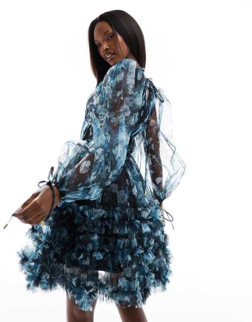 Lace & Beads - Robe courte en tulle à imprimé fleuri et manches transparentes - Bleu, 2 de 4