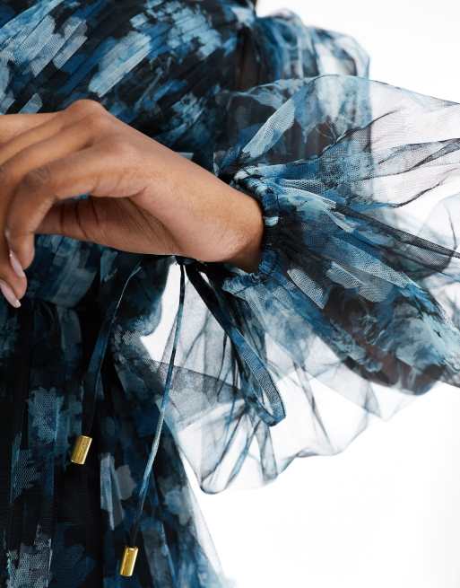 Lace & Beads - Robe courte en tulle à imprimé fleuri et manches transparentes - Bleu, 3 de 4
