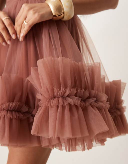 Lace & Beads - Robe courte en tulle avec décolleté en cœur et ourlet volanté - Marron rose, 2 de 4
