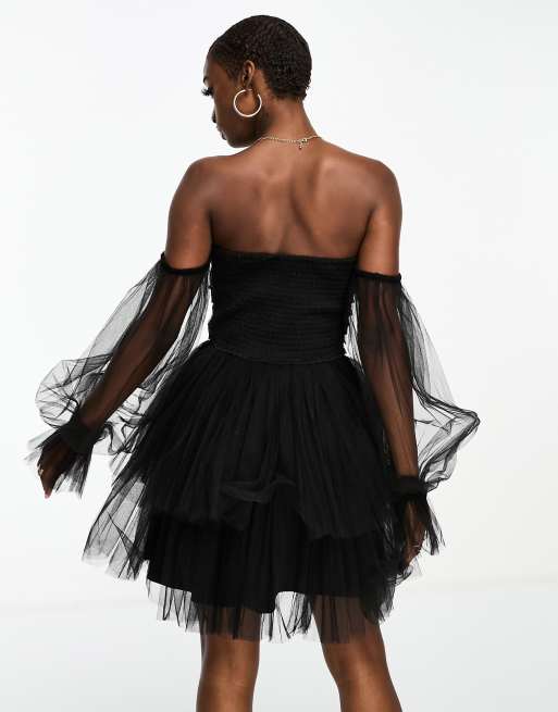 Lace & Beads - Robe courte en tulle avec encolure bardot et manches bouffantes - Noir, 2 de 4