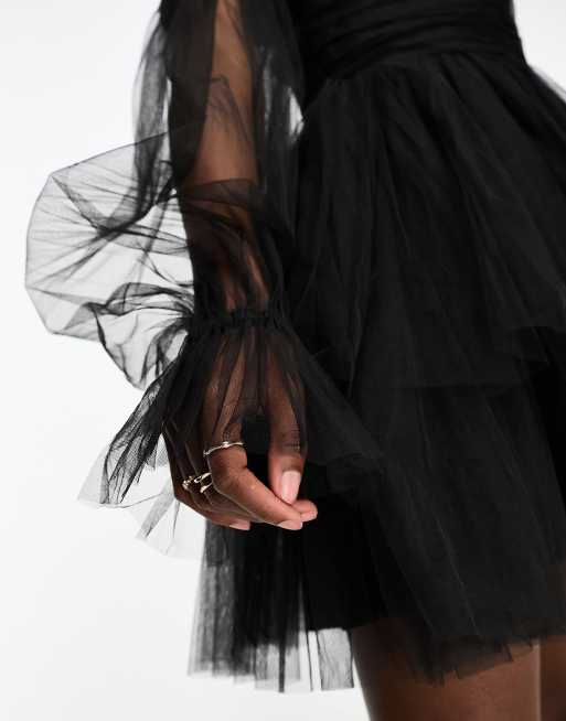 Lace & Beads - Robe courte en tulle avec encolure bardot et manches bouffantes - Noir, 3 de 4