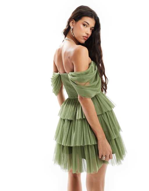 Lace & Beads - Robe courte en tulle avec épaules dénudées et détail corset - Olive clair, 3 de 4