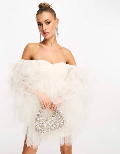 Lace & Beads - Robe courte en tulle avec manches à volants - Ivoire