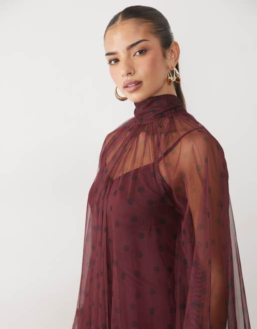 Lace & Beads robe courte en tulle transparent à superposition, manches évasées, ourlet à volants, bordeaux à pois, 4 de 4