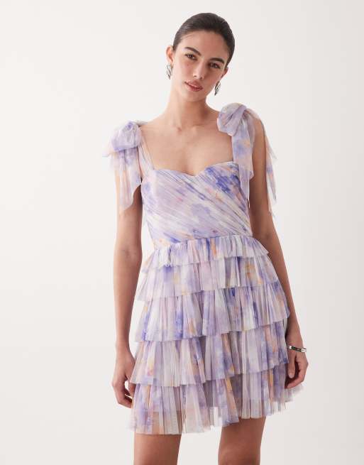Lace & Beads - Robe courte et froncée à imprimé fleuri avec manches nouées - Violet, 2 de 4