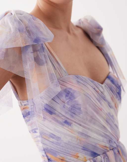 Lace & Beads - Robe courte et froncée à imprimé fleuri avec manches nouées - Violet, 3 de 4