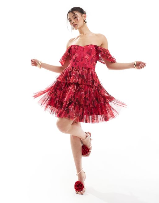 Lace & Beads - Robe courte style corset à encolure Bardot en tulle à fleurs - Rose et rouge
