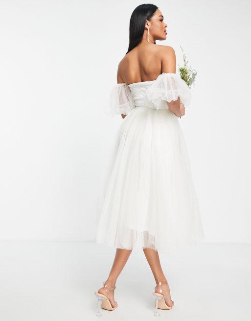 Lace & Beads - Robe de mariée mi-longue à manches bouffantes et épaules dénudées - Ivoire, 4 de 4