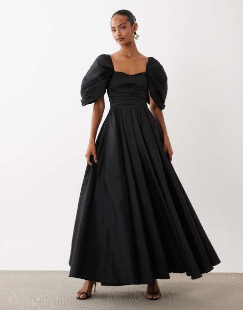 Lace & Beads - Robe de soirée en taffetas avec décolleté en cœur et manches bouffantes - Noir - view 1