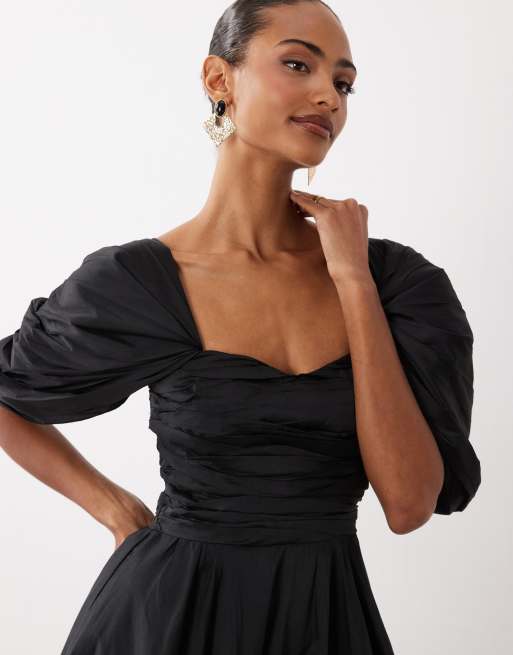 Lace & Beads - Robe de soirée en taffetas avec décolleté en cœur et manches bouffantes - Noir, 2 de 4