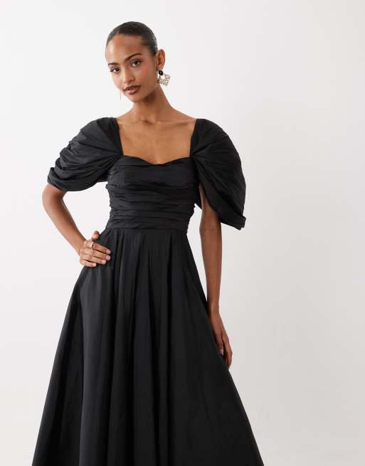 Lace & Beads - Robe de soirée en taffetas avec décolleté en cœur et manches bouffantes - Noir, 4 de 4