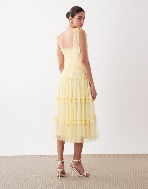 Lace & Beads - Robe froncée mi-longue en tulle à volants et épaules nouées - Citron, 4 de 4