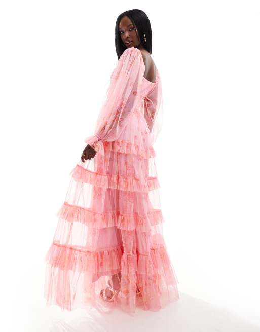 Lace & Beads - Robe longue à fleurs avec manches ballon bouffantes - Rose, 4 de 4