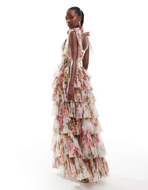 Lace & Beads - Robe longue à fleurs avec volants étagés et noeud sur l'épaule - Vif