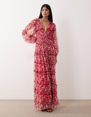 Robe longue à imprimé fleuri avec manches cloche transparentes et col V plongeant - Rose/rouge 34