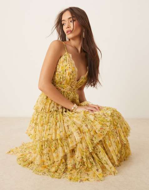 Lace & Beads - Robe longue à imprimé fleuri avec volants étagés et bordures en dentelle - Jaune bouton d'or - view 1