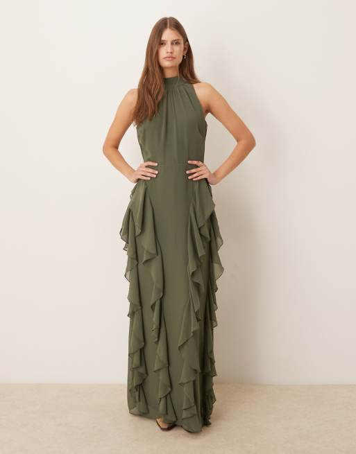 Lace & Beads - Robe longue à volants avec dos ouvert - Kaki, 4 de 4