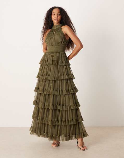 Lace & Beads - Robe longue à volants en tulle à encolure montante - Olive - view 1