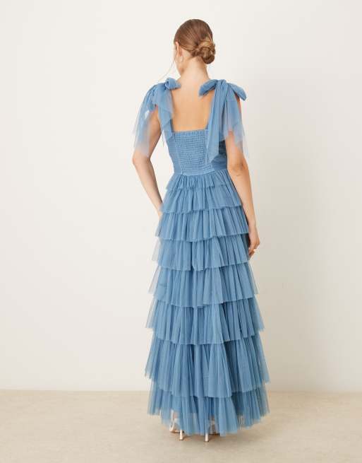 Lace & Beads - Robe longue à volants en tulle avec bretelles nouées - Bleu, 3 de 4