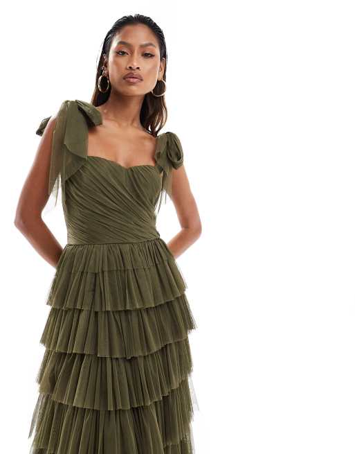 Lace & Beads - Robe longue à volants en tulle avec épaules nouées - Olive foncé, 2 de 4